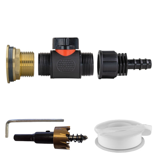 Water butt brass kit 1" with inline valve, 16mm barb and drill bit
