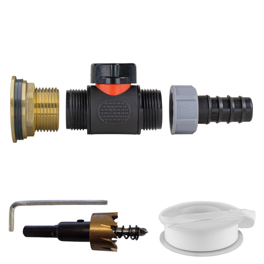 Water butt brass kit 1in inline valve with 20mm barb and hose connector