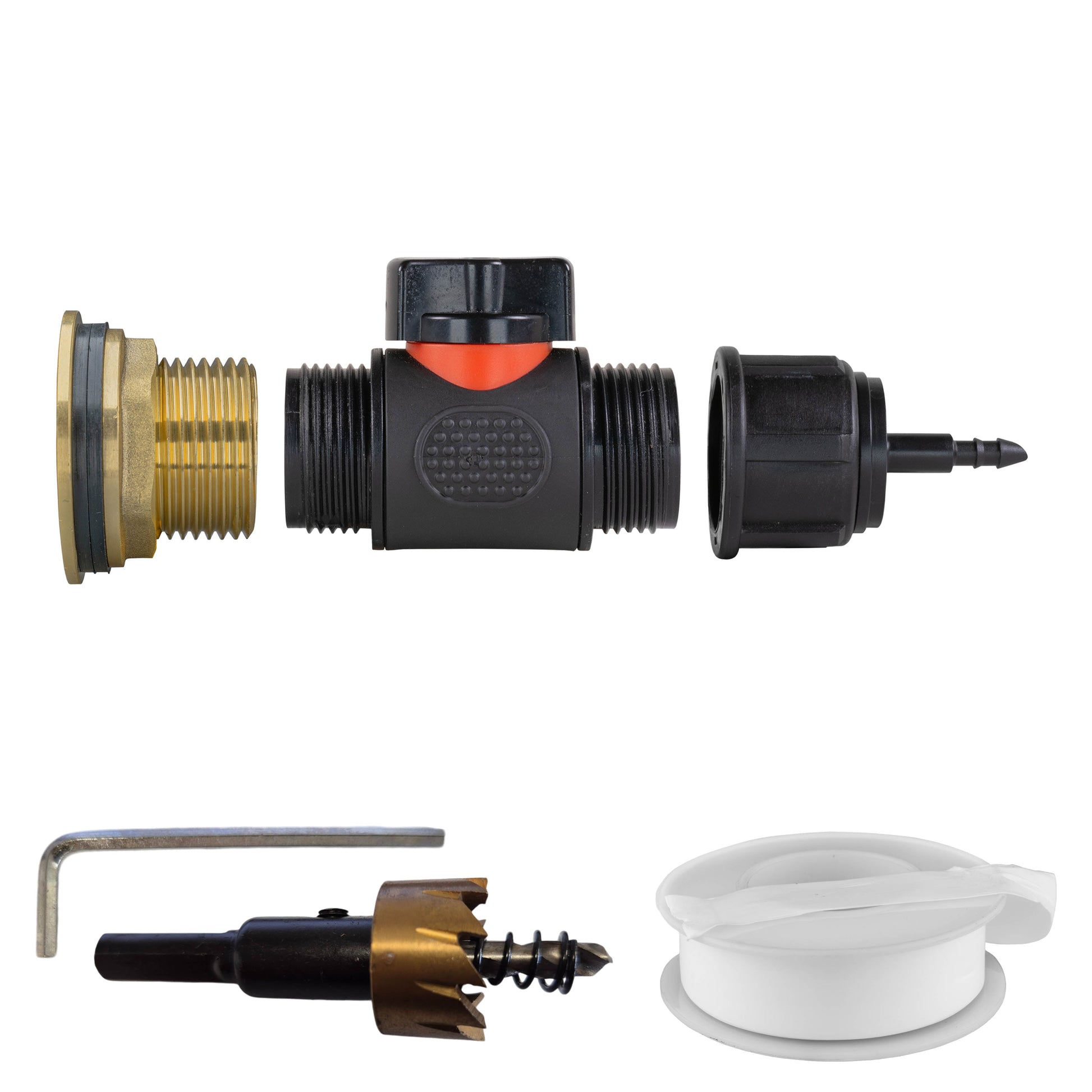 Brass water butt kit with inline valve, 4mm barb and black push-fit connector