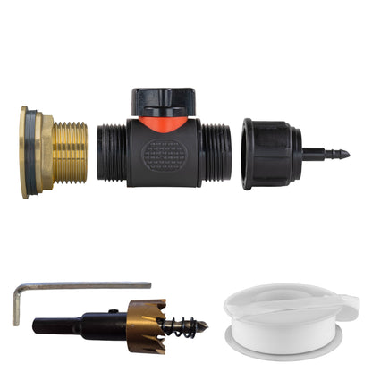 Brass water butt kit with inline valve, 4mm barb and black push-fit connector