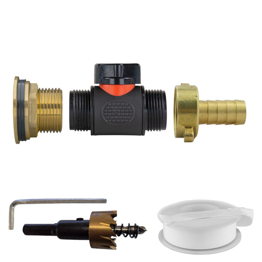 1-inch brass water butt kit with inline valve, 1/2-inch barb and drill bit