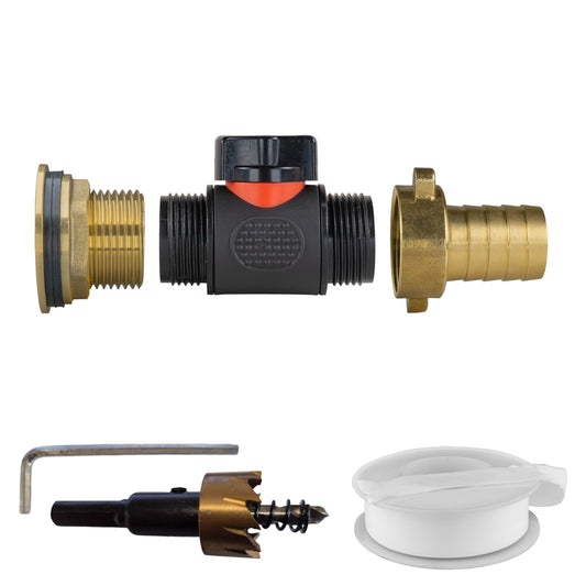Brass water butt tap connector kit, 1" inline valve with barbed 3/4" outlet