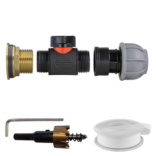 1-inch water butt brass kit: inline valve, 20mm MDPE, drill bit and hose connector