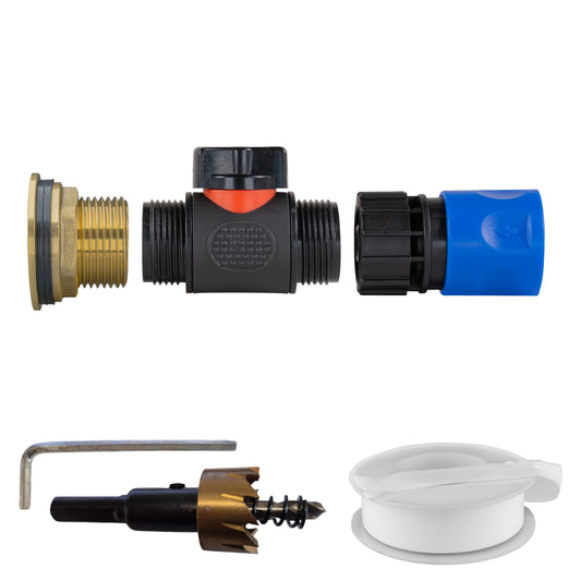Brass water butt kit 1" with inline valve, female quick connector, blue fitting and drill bit