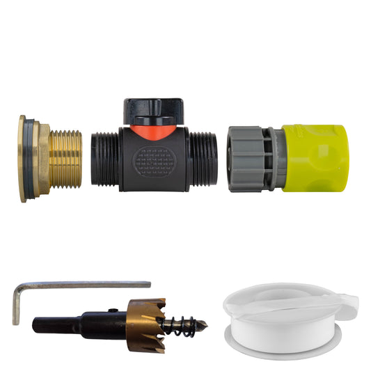Water butt brass kit with inline valve, 1" BSP fitting, lime quick connector, drill bit