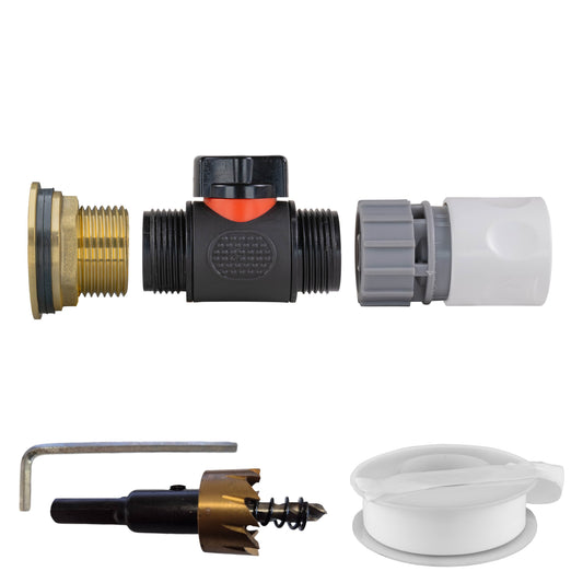 Water butt brass kit with in-line valve, female quick connector and drill bit