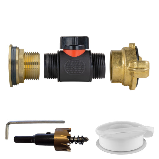 1in brass water butt kit with inline valve, Geka connector, drill bit