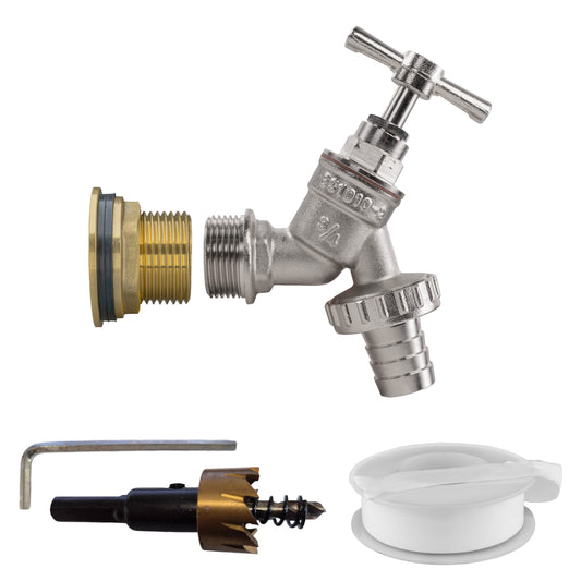 1" BSP water butt brass tap kit with nickel-plated barbed outlet and drill bit