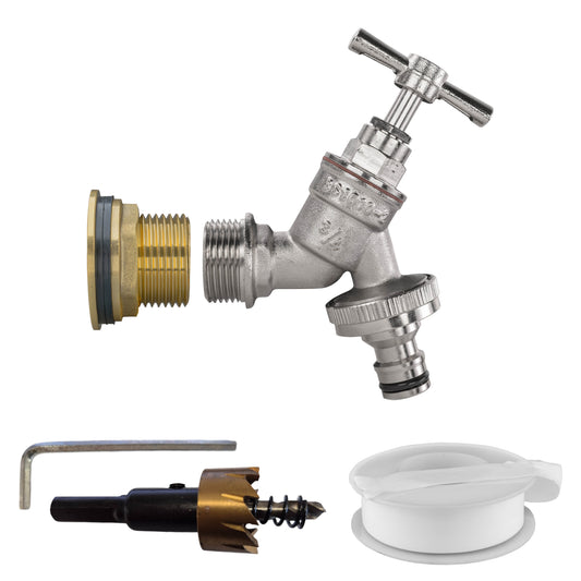 Water butt brass kit tap with drill bit, hex key, and white sealing washer