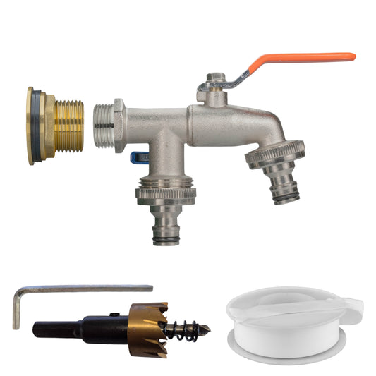 Brass water butt tap kit with 1 inch double quick-connect outlets and drill bit