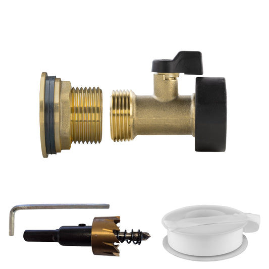 Brass water butt tap valve, 1in BSP with black lever handle; includes drill bit and seal tape