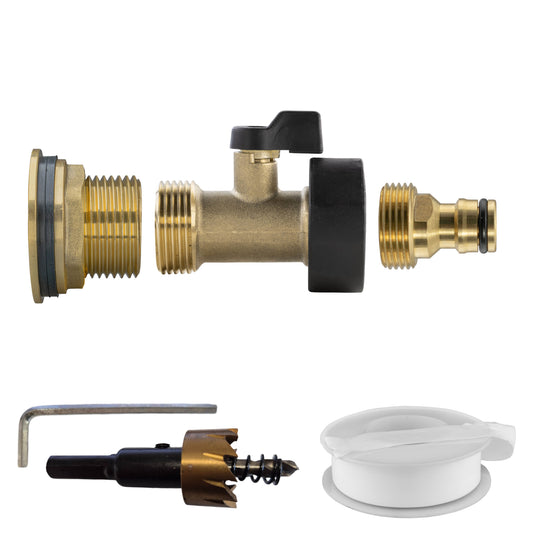 Brass water butt tap kit, 1" valve with black handle and quick-connect fitting
