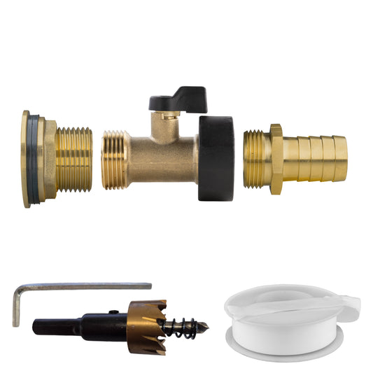 Water butt brass valve kit with 1in BSP male, 19mm barb and black handle