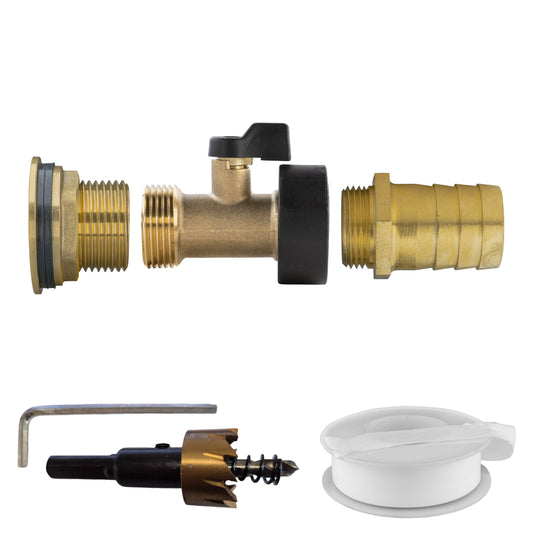 Water butt brass kit 1" valve with 25mm barb connector and clamp handle