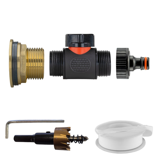 Water butt brass kit with inline valve and quick-connect fitting, 1-inch BSP connection