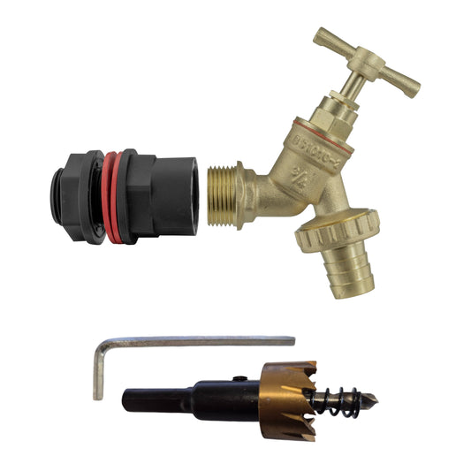 3/4" water butts kit: brass tap valve with black connector, red seal ring, and drill bit