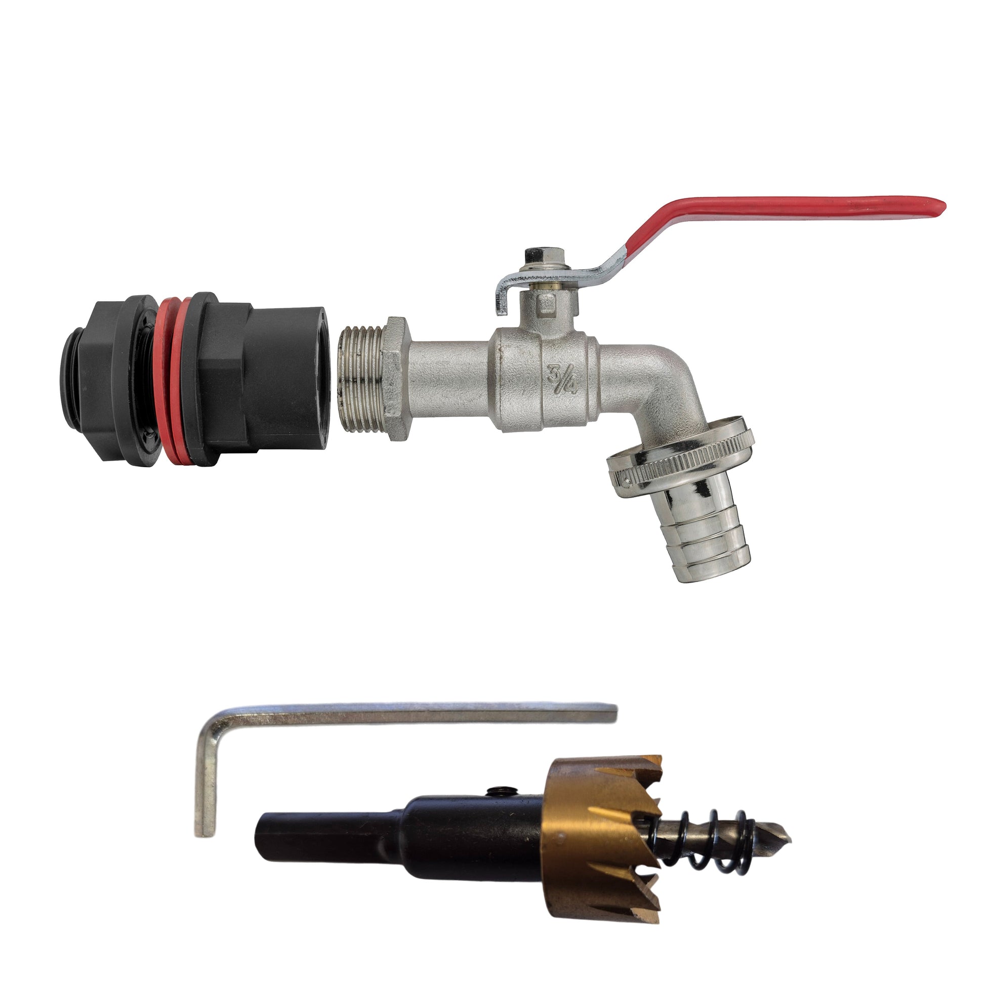 3/4in water butt tap kit with red lever, 3/4in barb and drill bit