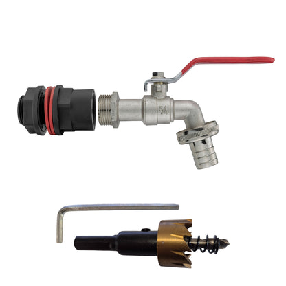 3/4in water butt tap kit with red lever, 3/4in barb and drill bit