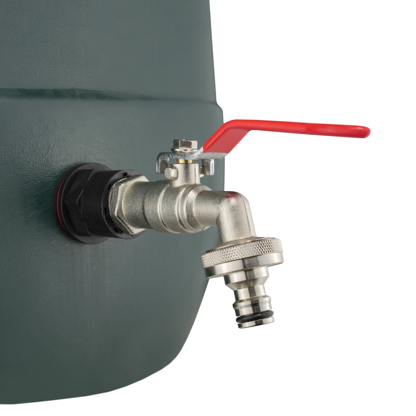 Quick-connect lever tap attached to water butt port, with metal outlet and red handle