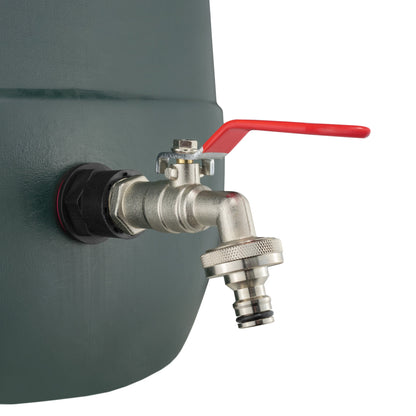 Quick-connect lever tap attached to water butt port, with metal outlet and red handle