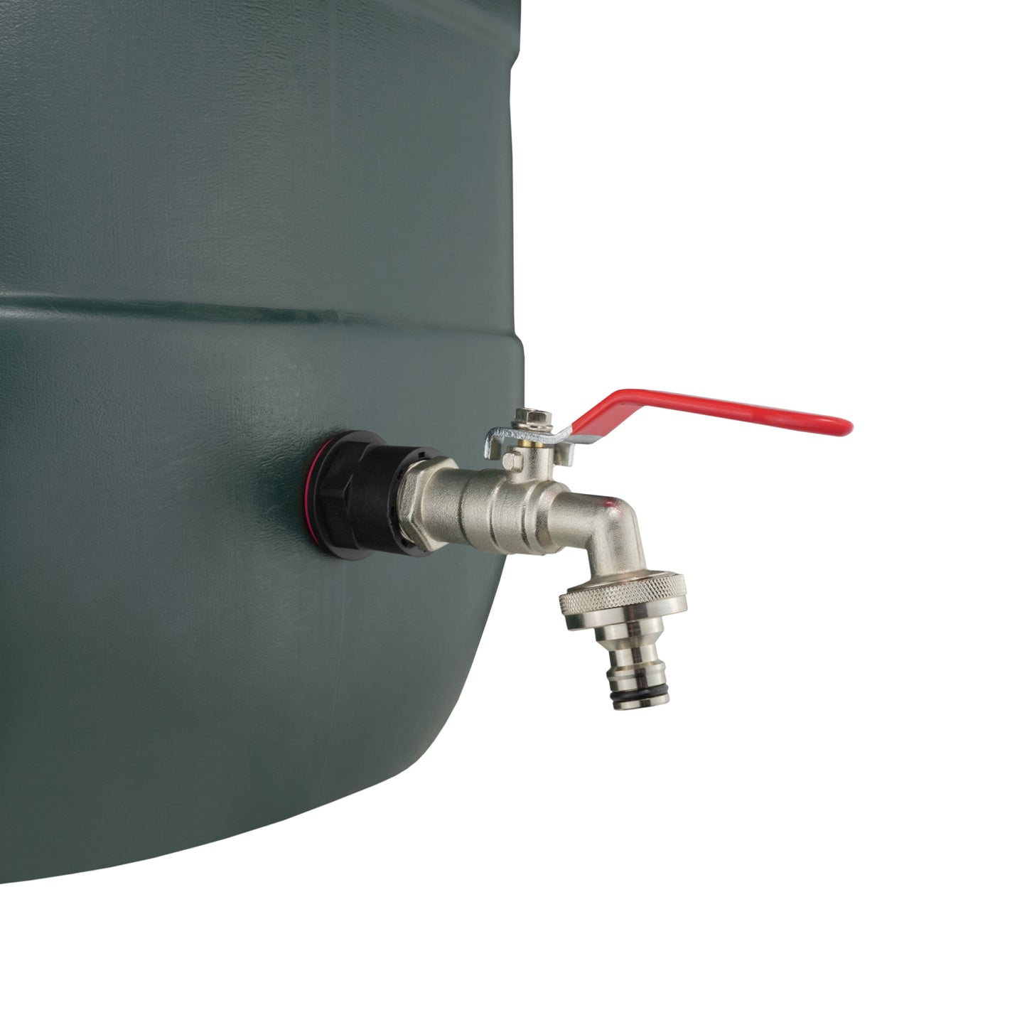 Water butt tap port with quick-connect fitting and red lever handle, metal spigot