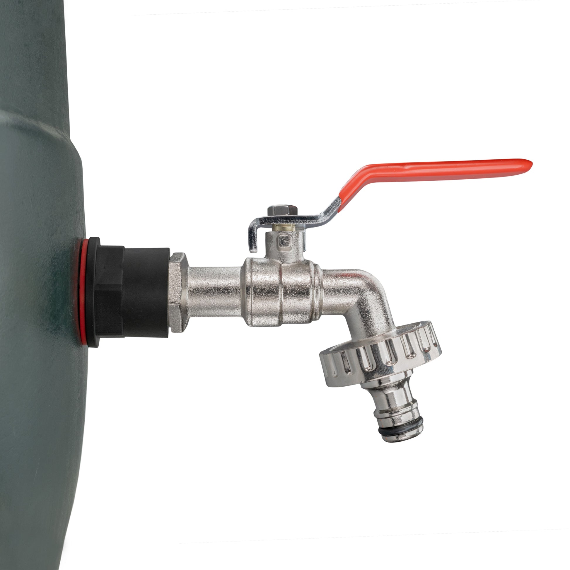 Water butt quick-connect tap with red lever, threaded end, and metal outlet head