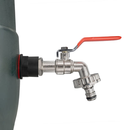 Water butt quick-connect tap with red lever, threaded end, and metal outlet head