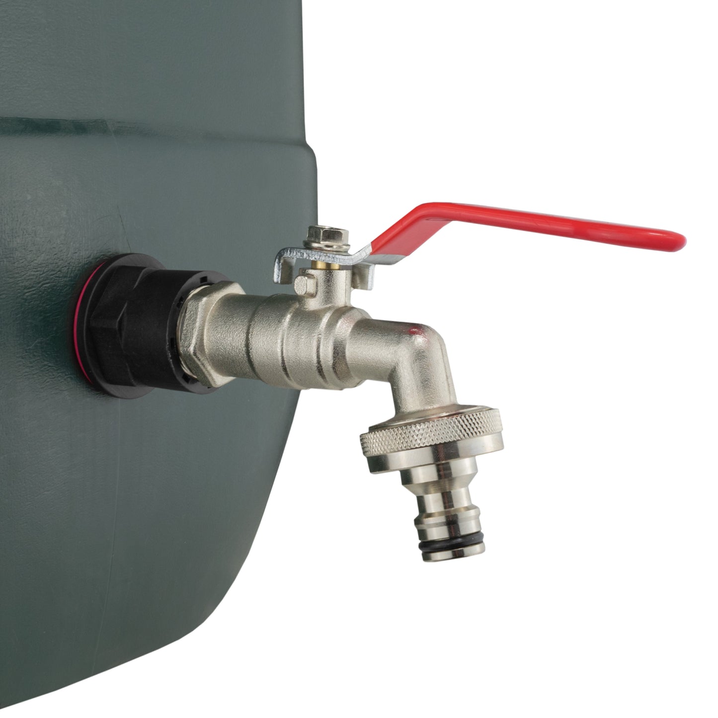 Close-up of water butt tap connection: red lever and metal quick-connect spigot