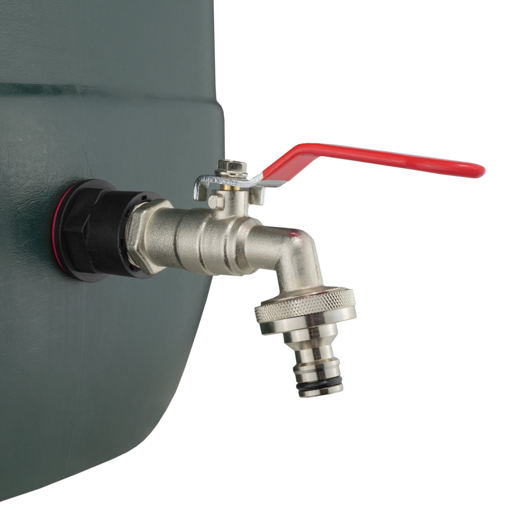 Close-up of water butt tap connection: red lever and metal quick-connect spigot