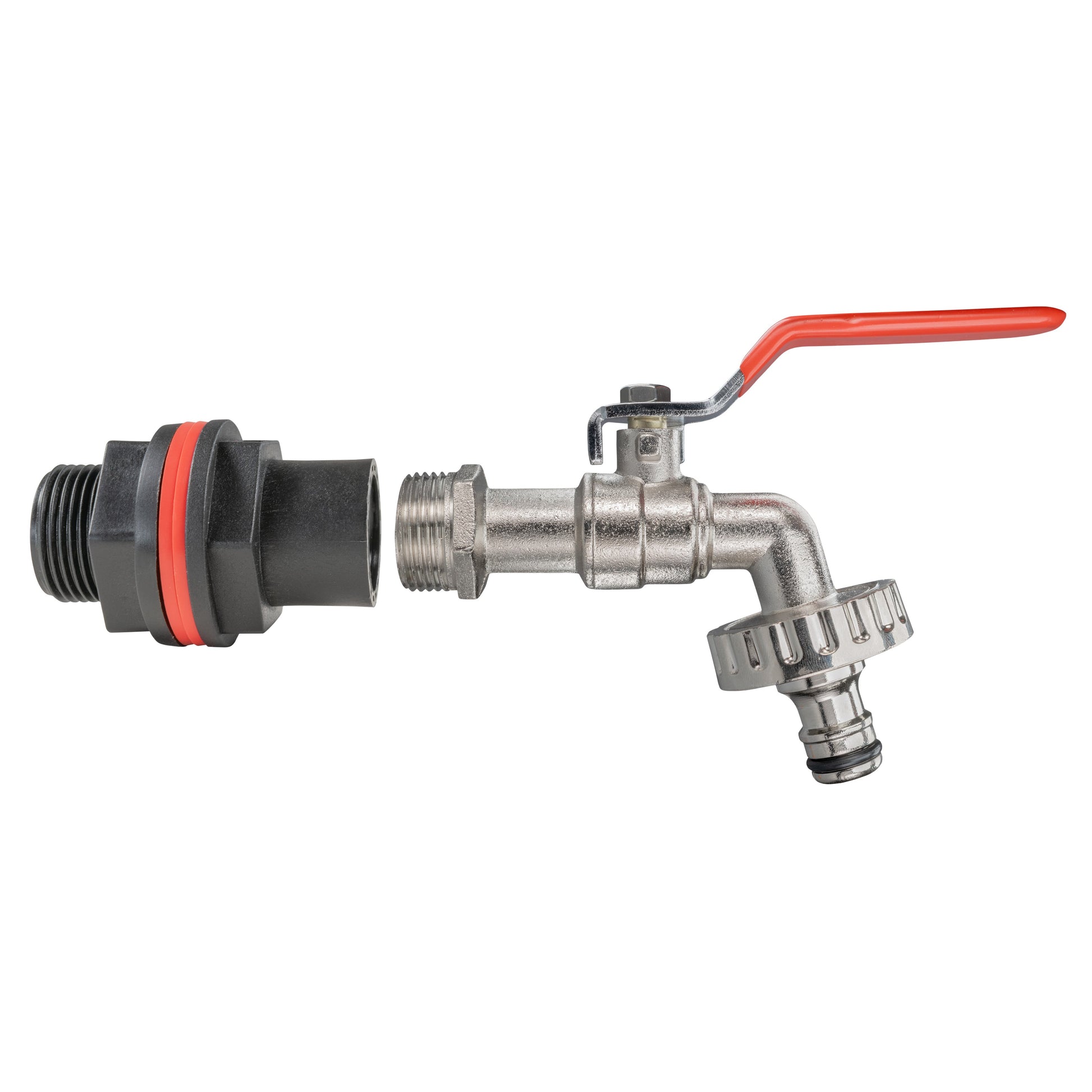 Quick-connect lever tap with 3/4" threaded end and red handle, metal outlet