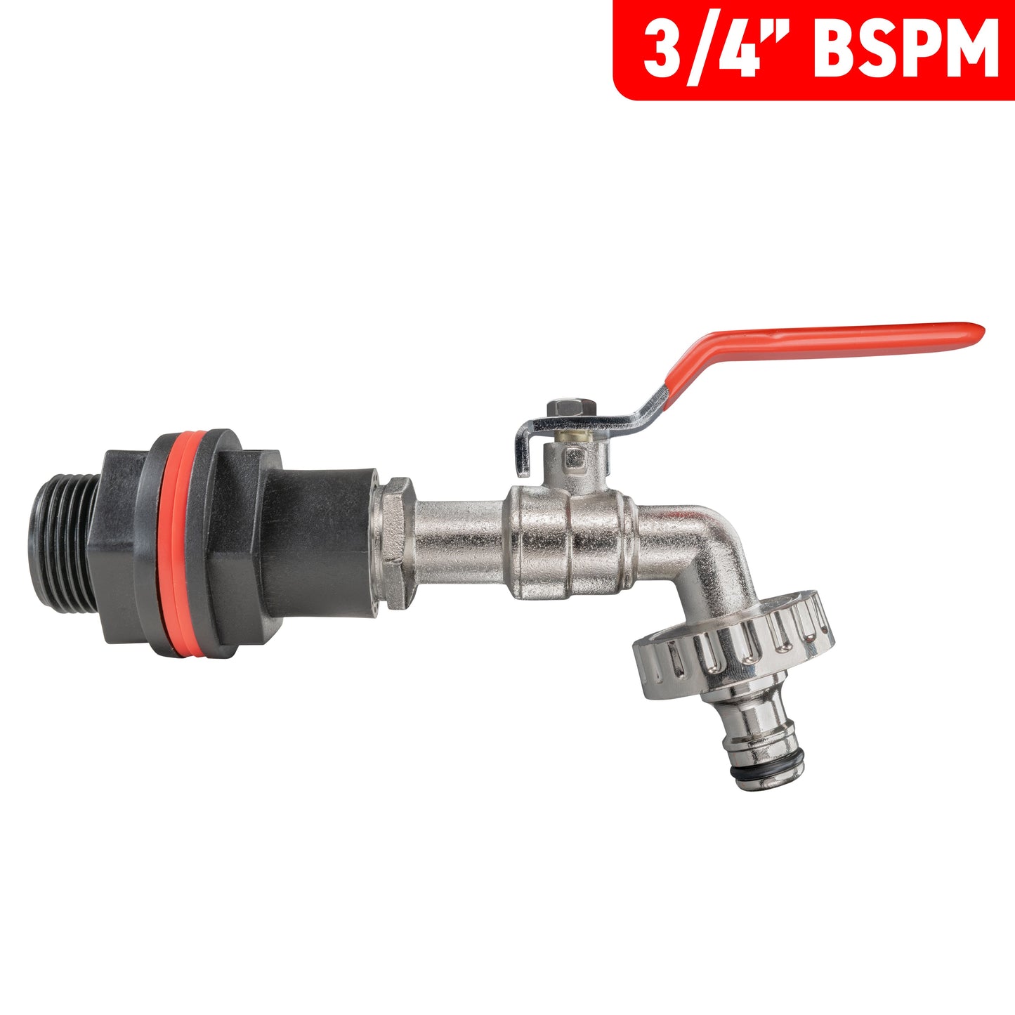 3/4" BSPM quick-connect lever tap with red handle and metal garden outlet