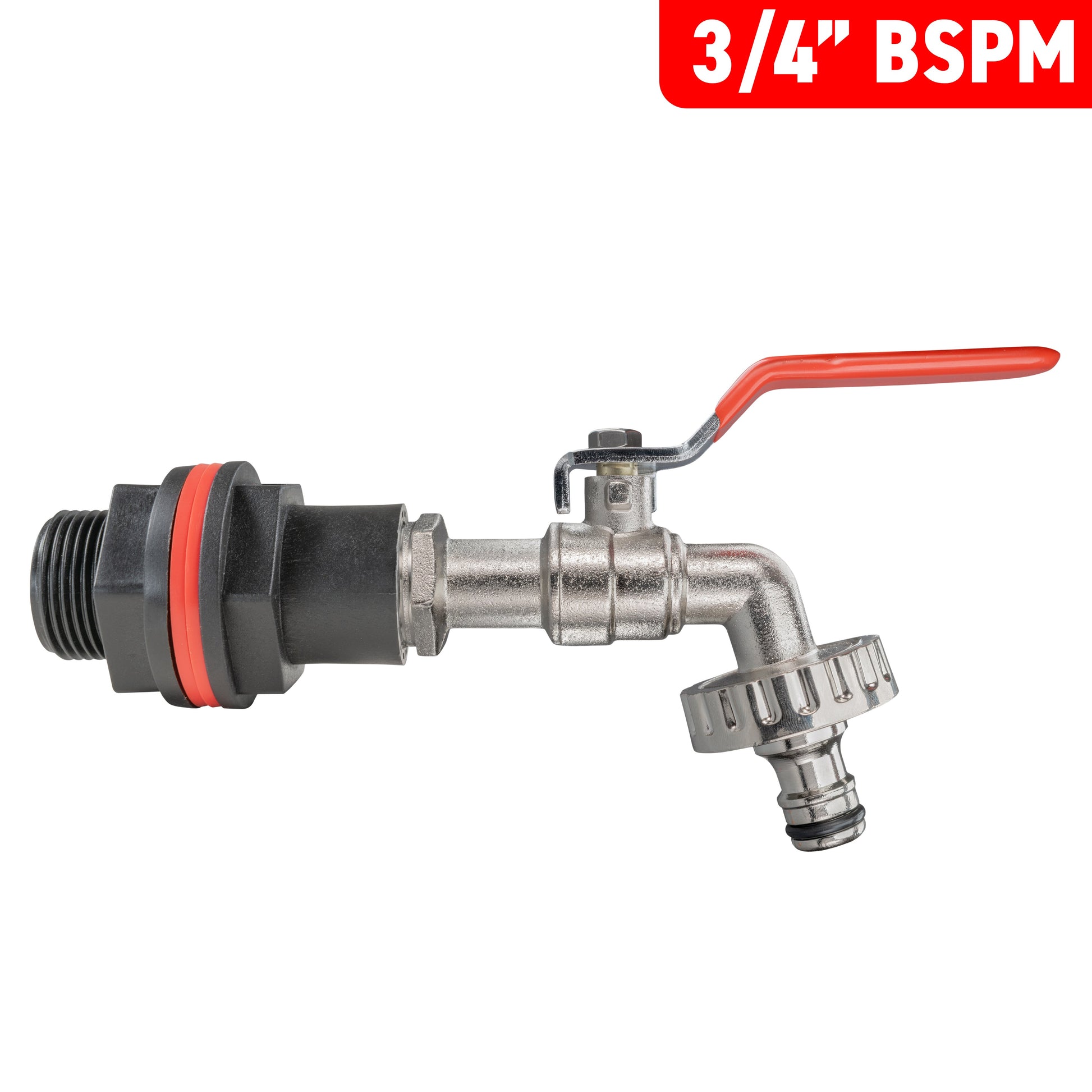 3/4" BSPM quick-connect lever tap with red handle and metal garden outlet