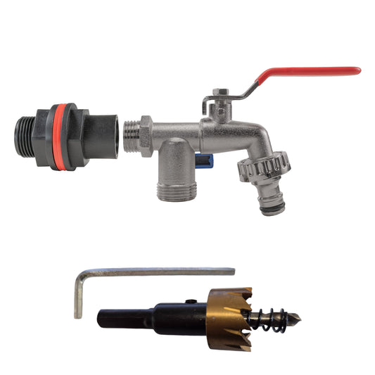 3/4" water butt kit tap met dubbel tap en boor, zilveren metalen behuizing