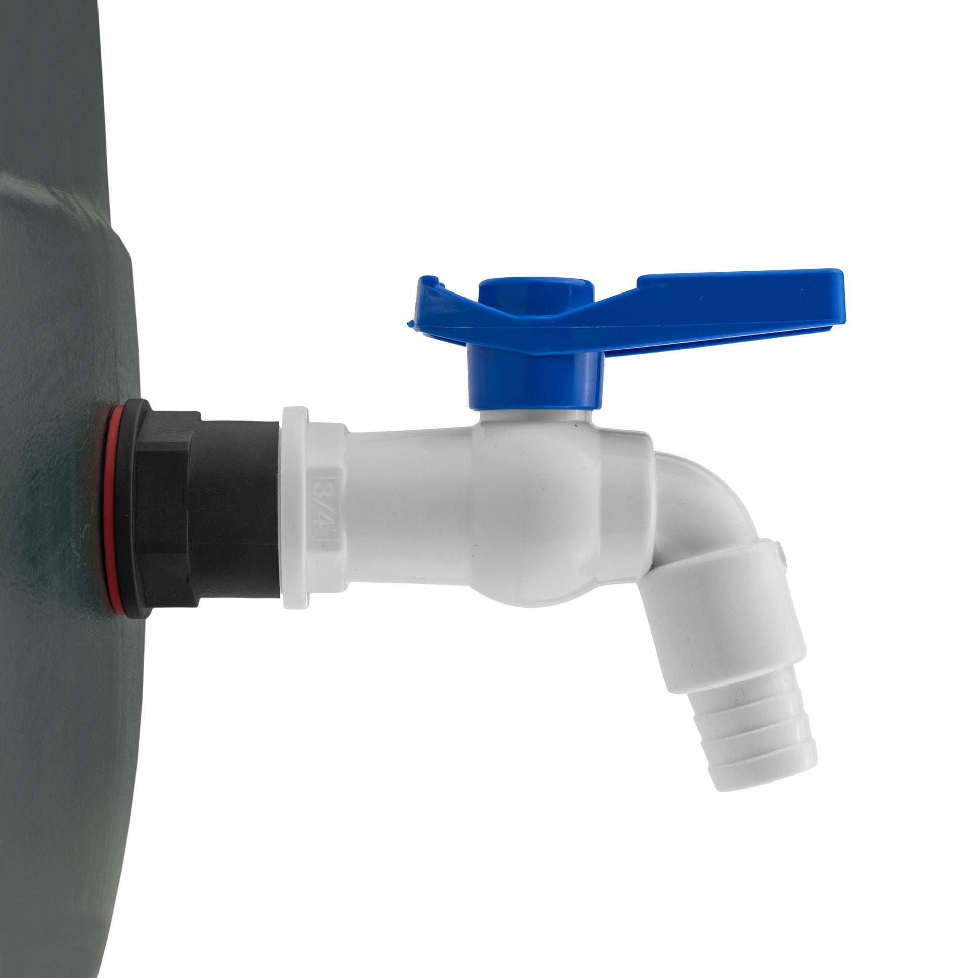 Water Butt Kit 3/4" tap connector, white outlet with blue handle and black/red seal