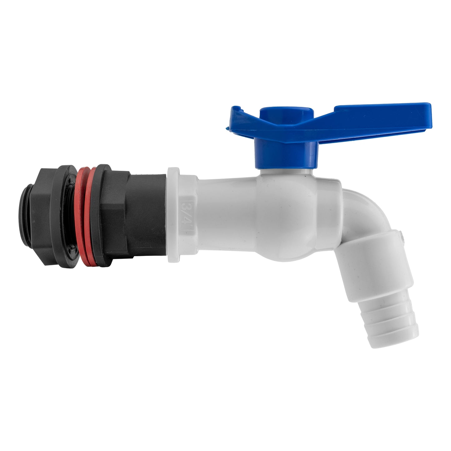 Water Butt Kit 3/4" with white PVC tap, blue lever on white tap body