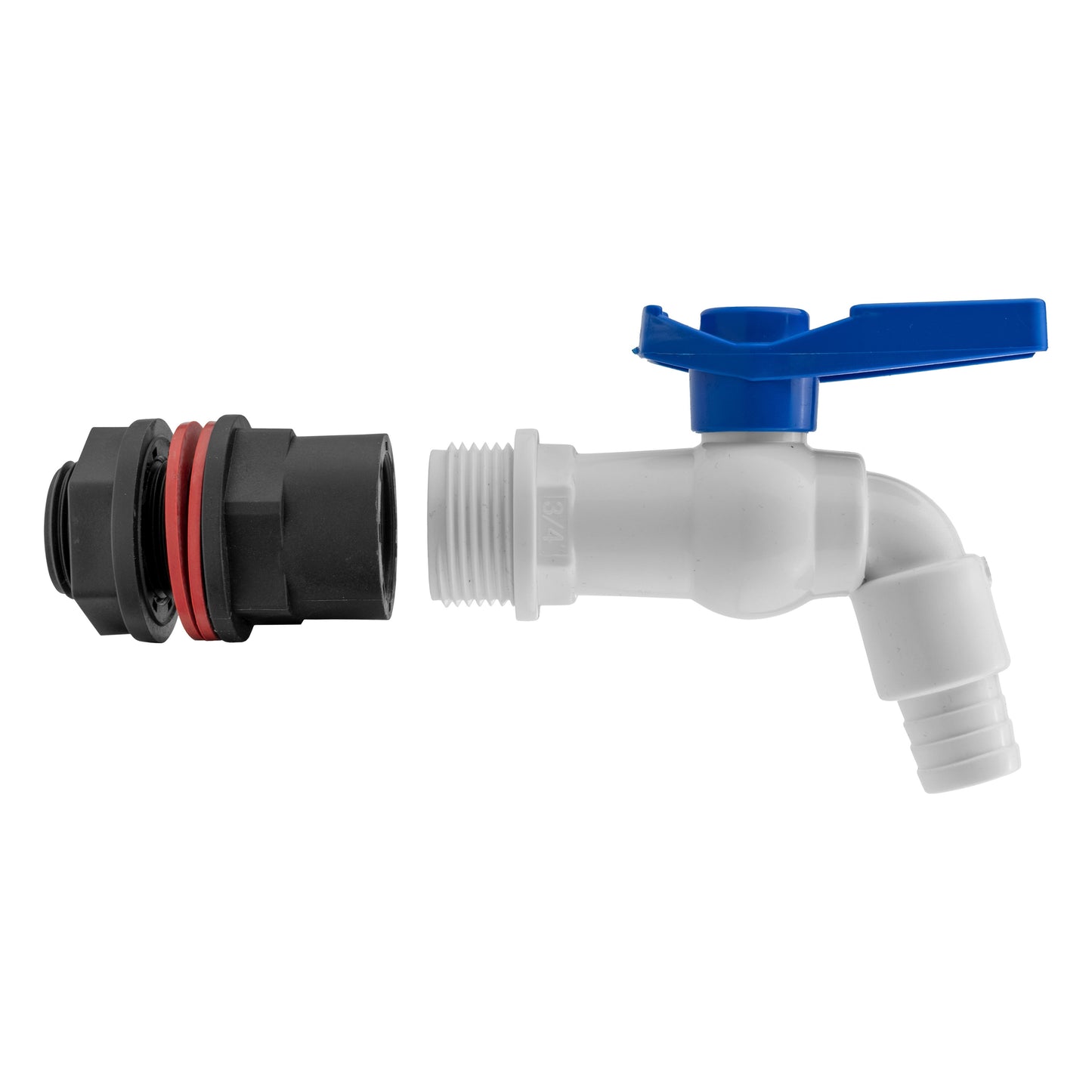 Water Butt Kit 3/4" tap with blue handle, white elbow outlet and threaded section