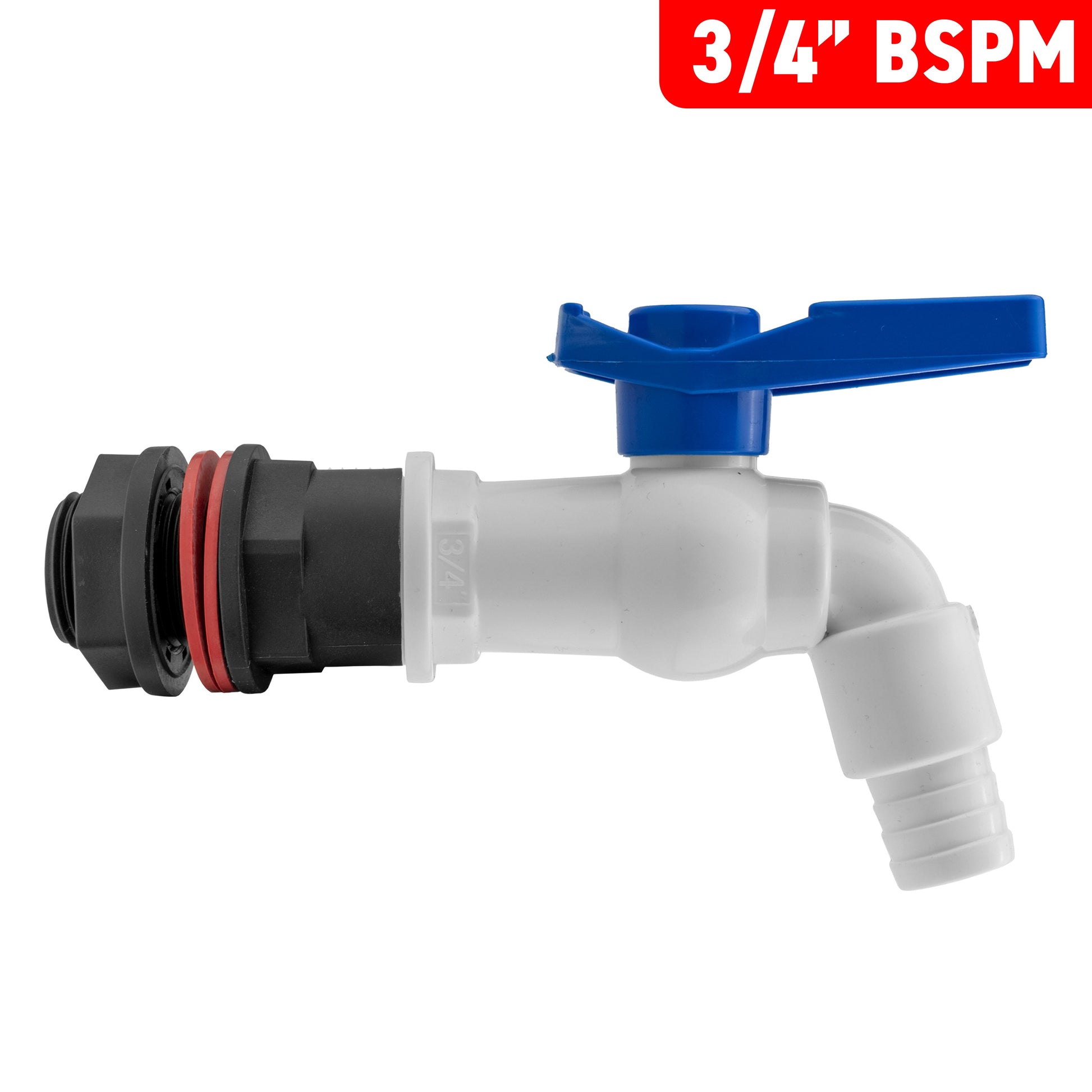3/4" BSPM Water Butt tap kit, white PVC valve with blue lever handle