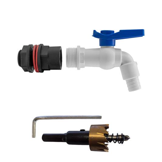 3/4" water butt tap kit: white PVC outlet with blue lever handle