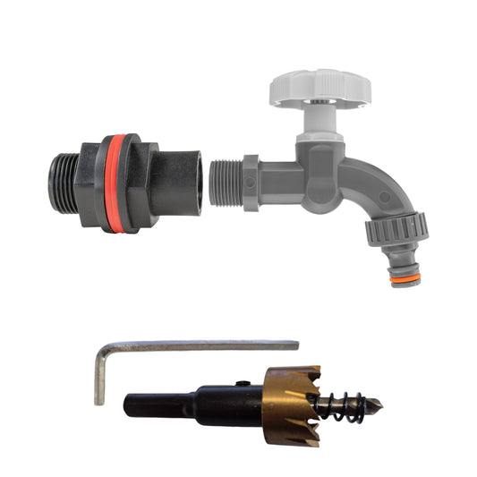 3/4" PP water butt tap and drill bit kit: grey spigot, white cap, orange seal