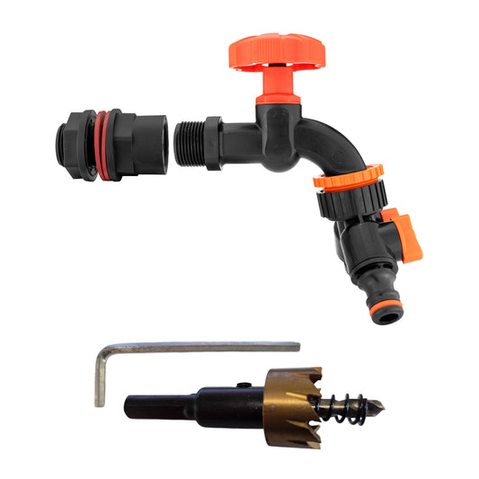 Black 3/4in tap splitter with orange cap and included drill bit