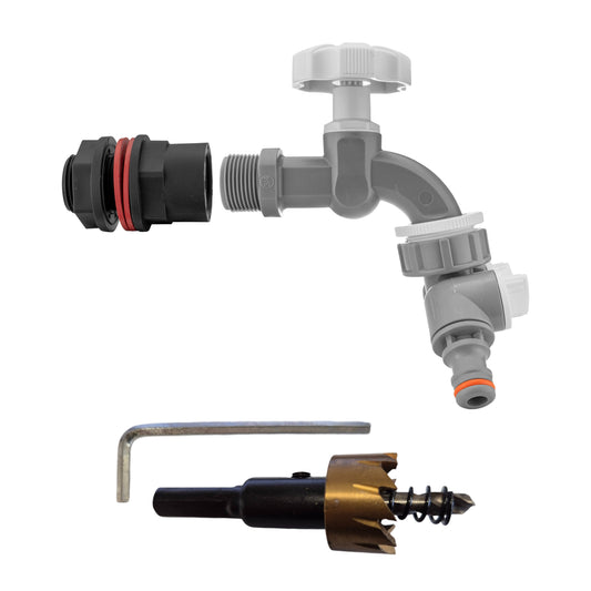 Water butt tap splitter kit 3/4" PP with drill bit and tap connector