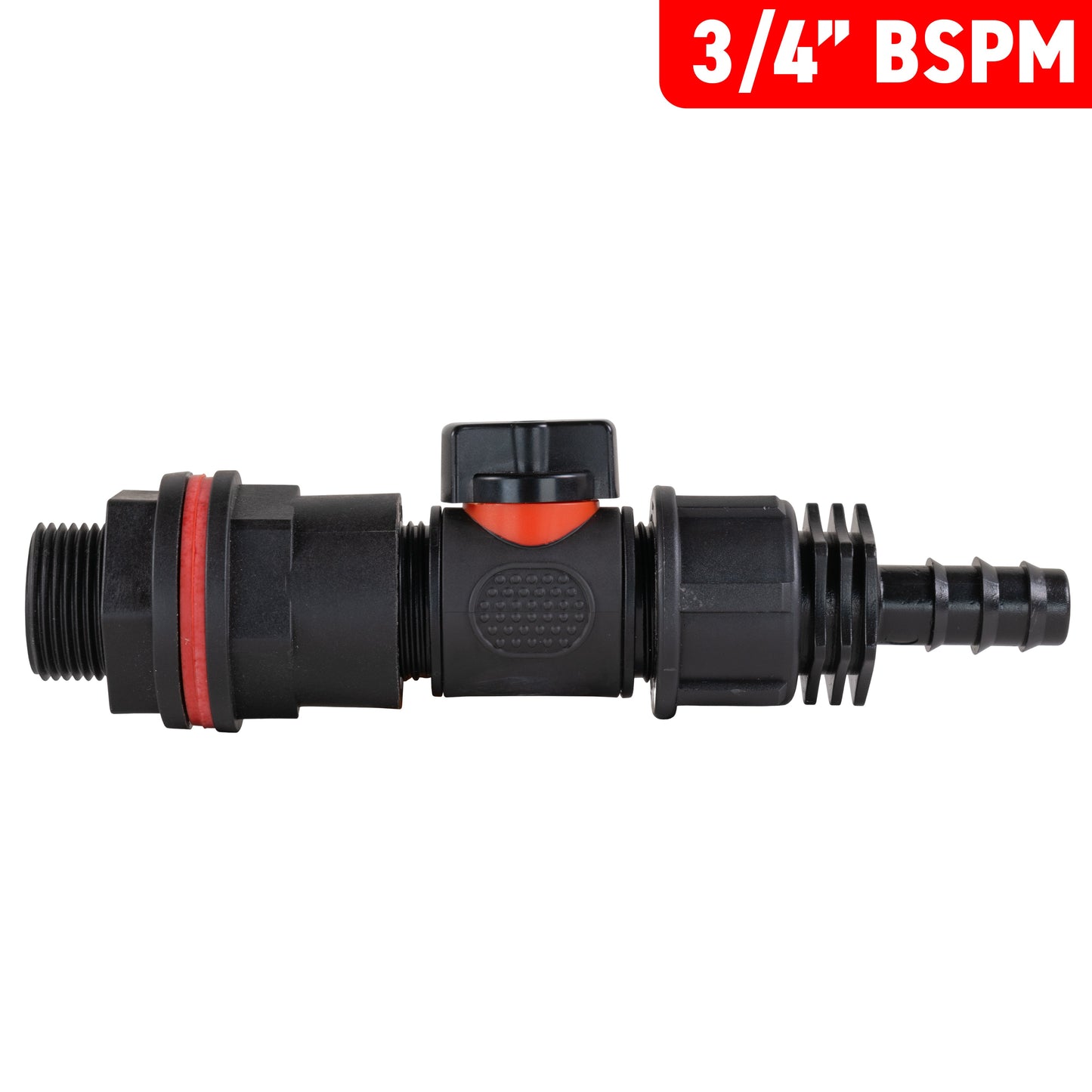 Inline-Ventil 3/4" BSPM mit 1/2" Barb-Anschluss und rotem Dichtstreifen