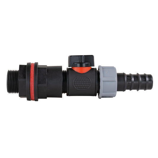 Water butt kit 3/4" inline valve with 3/4" barb fitting, black and grey