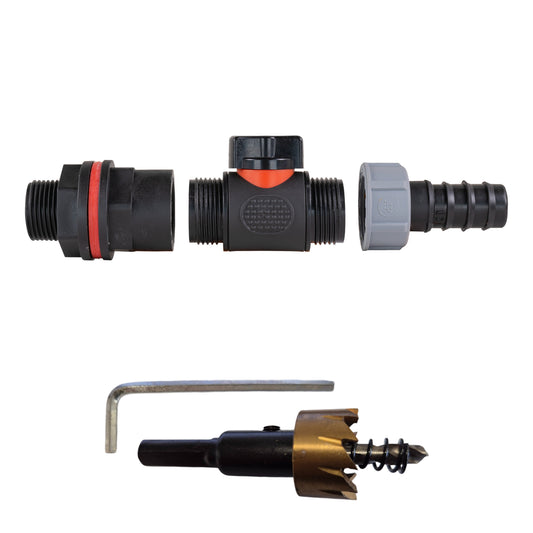 Water butt kit: inline valve with 3/4" BSPM threads and 3/4" barb connector