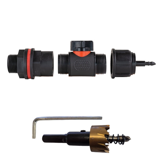 3/4" water butt inline valve connector with red seal ring and barbed fitting ports