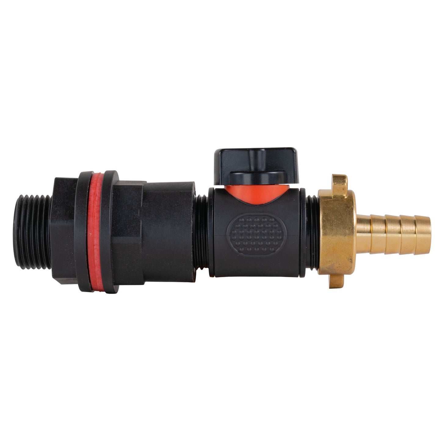 3/4" BSPM inline valve kit, 13mm brass barb; black body with red lever