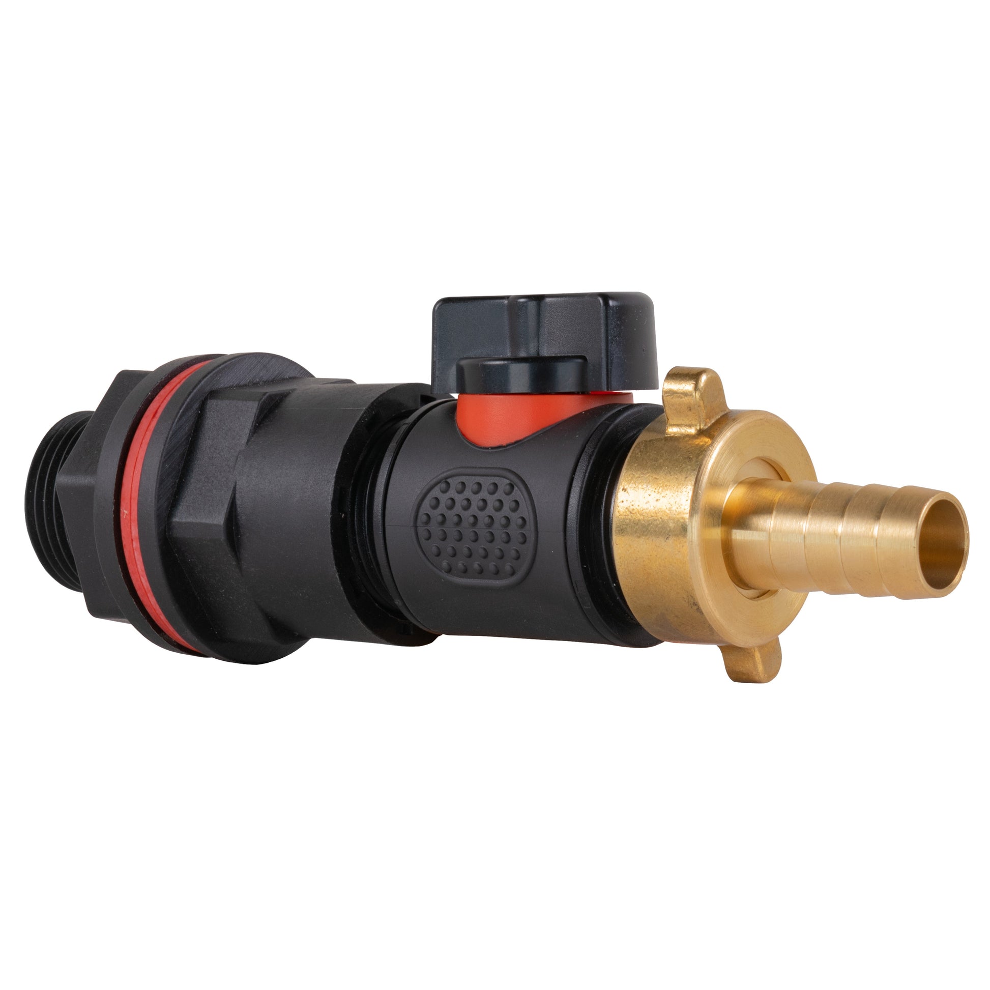 Inline valve adapter with black housing and red lever, brass barbed outlet