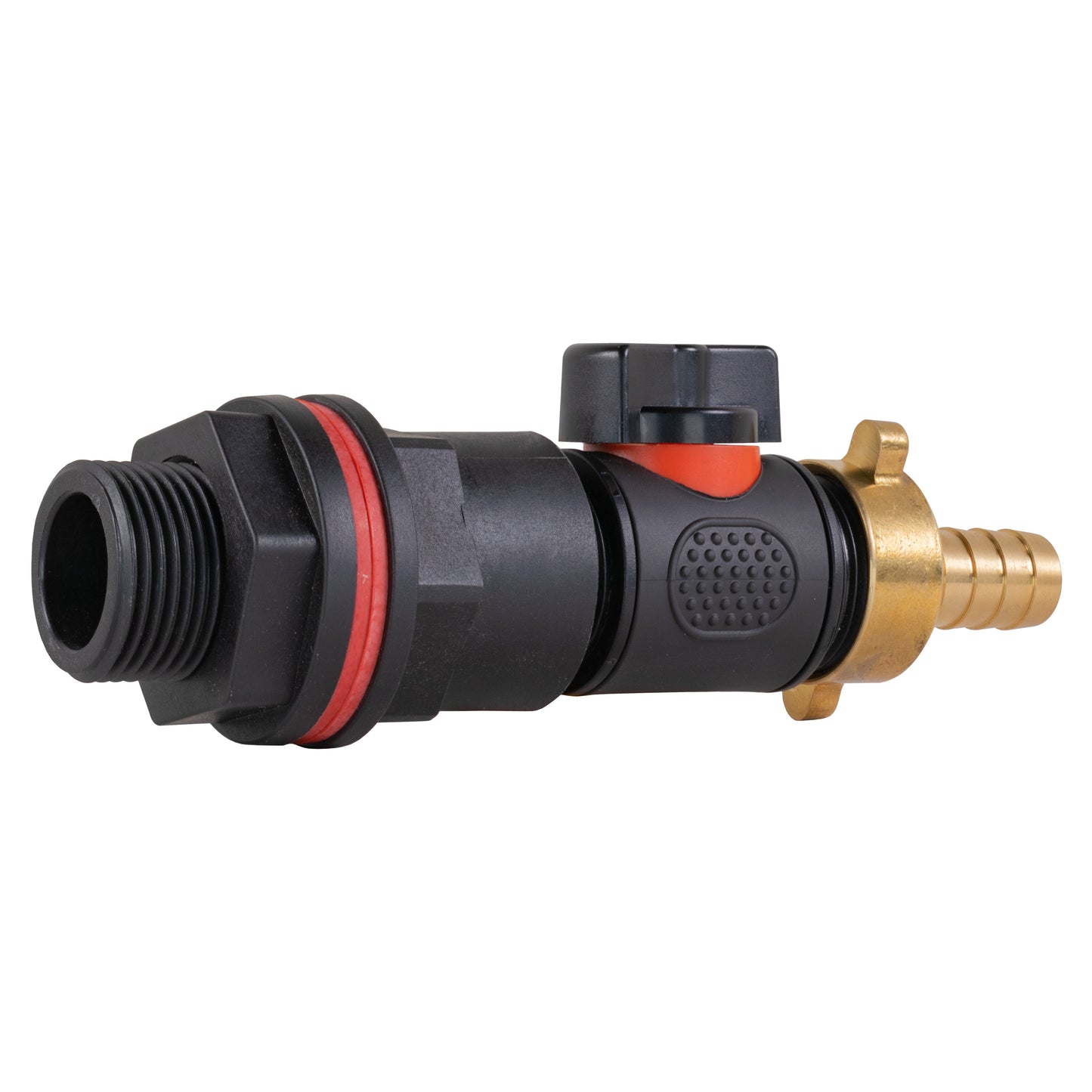 Side view of 3/4" inline valve fitting: black threaded ports, red insert, brass barb