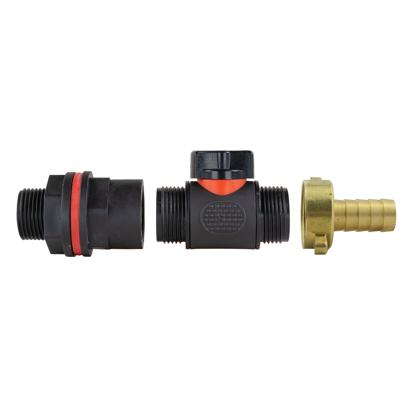 Water butt valve kit: central inline control with red lever, black threads, brass connector