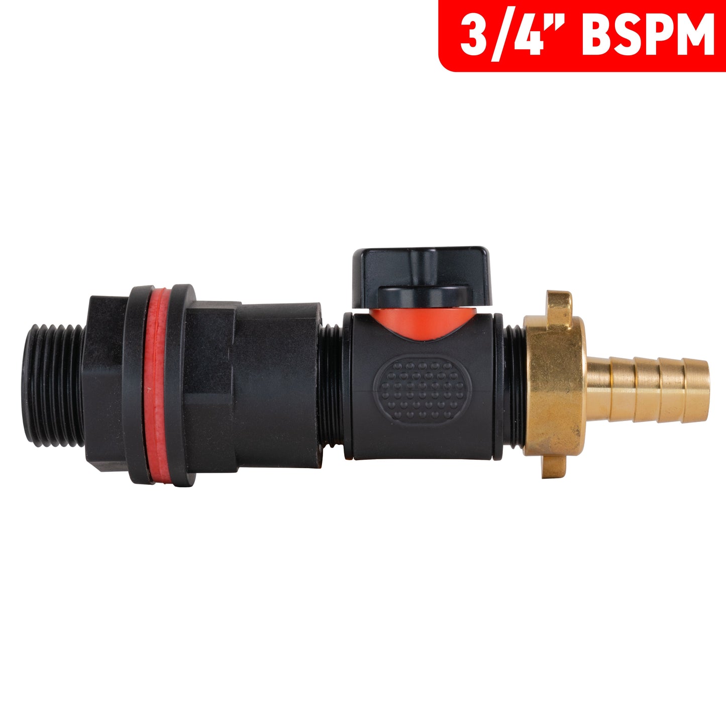 3/4" BSPM inline valve with 13mm brass barb, black fittings and red lever